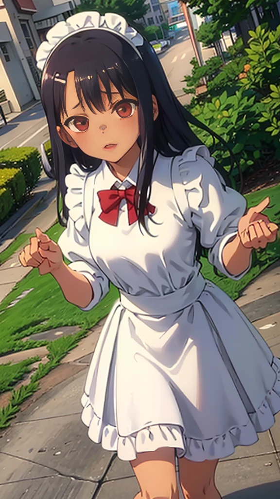 Beautiful girl,Wearing maid outfit,Detailed white(White in red)。Wear shoes。A bottom-up perspective。Action settings:Carrying plates