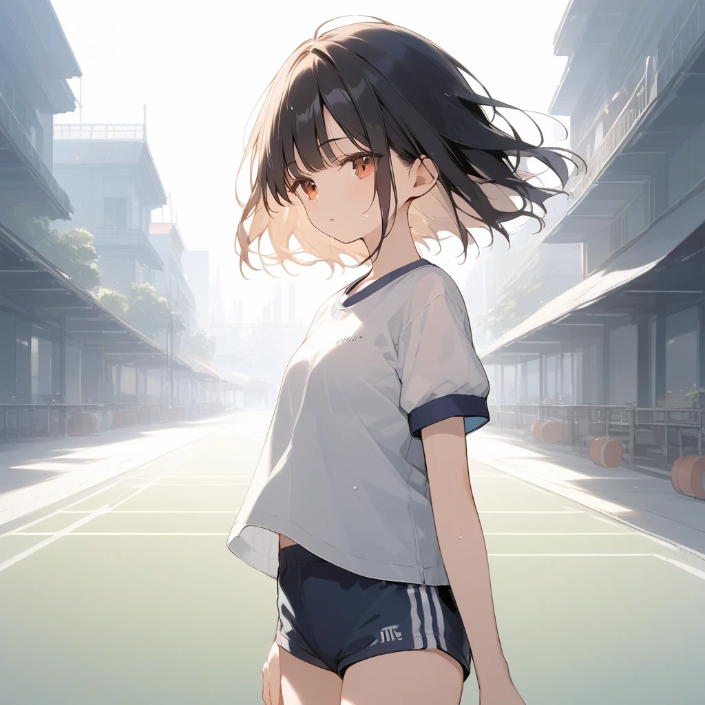 score_9, score_8_up, score_7_up, source_anime, best quality, masterpiece, official art, absurdres, highres, ultra-detailed,waifu2x,Collection: Slice of Life,break,1girl, -yeld, st hair, black hair, small breasts,  beautiful detailed eyes, well-proportioned iris and pupils, parted lips, beautiful detailed lips, gym uniform, byke shorts, sweat, expressionless, sleepily, School ground, outdoors, wind, break,(clear line illustration:1.2),very high resolution, very aesthetic, super detailed skin, Best cinematic lighting powered by famous artist, 8k, beauty illustration,photoshop_(medium),,(Detailed Lighting),best anime 8k konachan wallpaper, pixiv contest winner, 