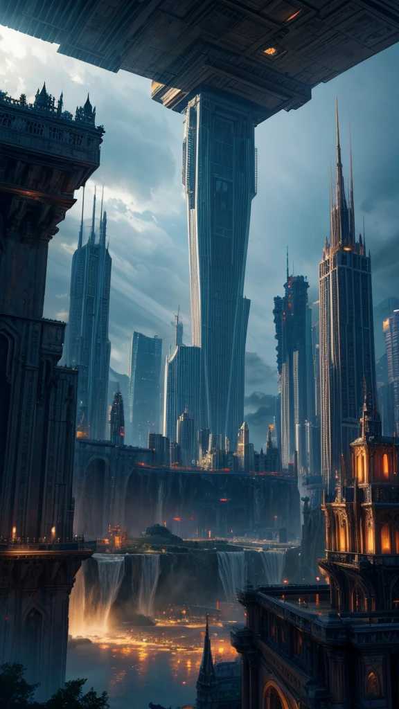 Huge castles and skyscrapers floating in the air Cyberpunk fantasy world Top quality ultra high definition utopia 8K Giant waterfalls nature