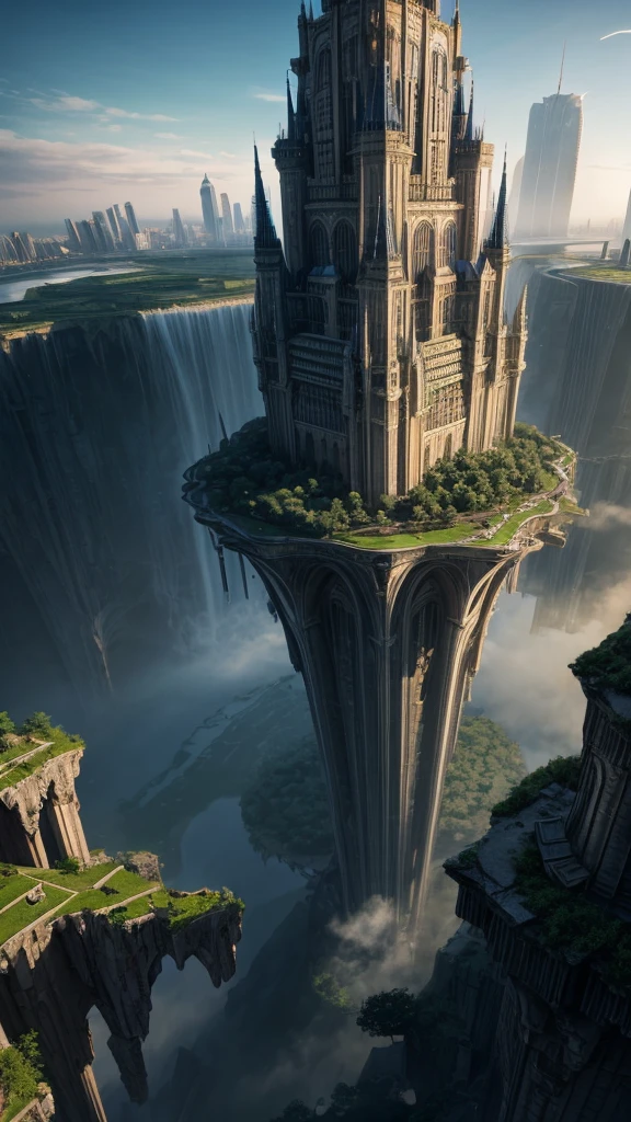 Huge castles and skyscrapers floating in the air Cyberpunk fantasy world Top quality ultra high definition utopia 8K Giant waterfalls nature