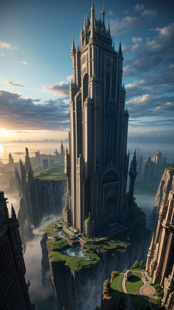 Huge castles and skyscrapers floating in the air Cyberpunk fantasy world Top quality ultra high definition utopia 8K Giant waterfalls nature