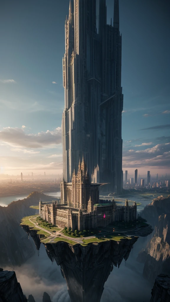 Huge castles and skyscrapers floating in the air Cyberpunk fantasy world Top quality ultra high definition utopia 8K Giant waterfalls nature