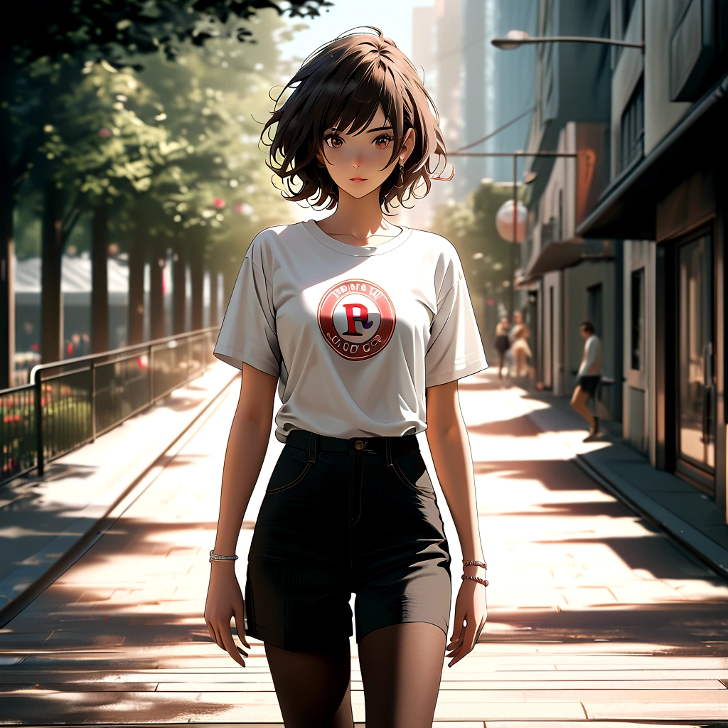 (best quality:1.2, 8k, masterpiece, highly detailed, highest quality), photorealistic, 2D illustration, woman, park, white oversized tee, vintage logo, high-waisted black leggings, nude stockings, sporty texture, sleek white sneakers, pink accents, lush greenery, paved walkway, sunlight, tranquility, comfortable yet stylish outfit, of movement, detailed eyes, beautiful detailed lips, extremely detailed eyes and face, long eyelashes.