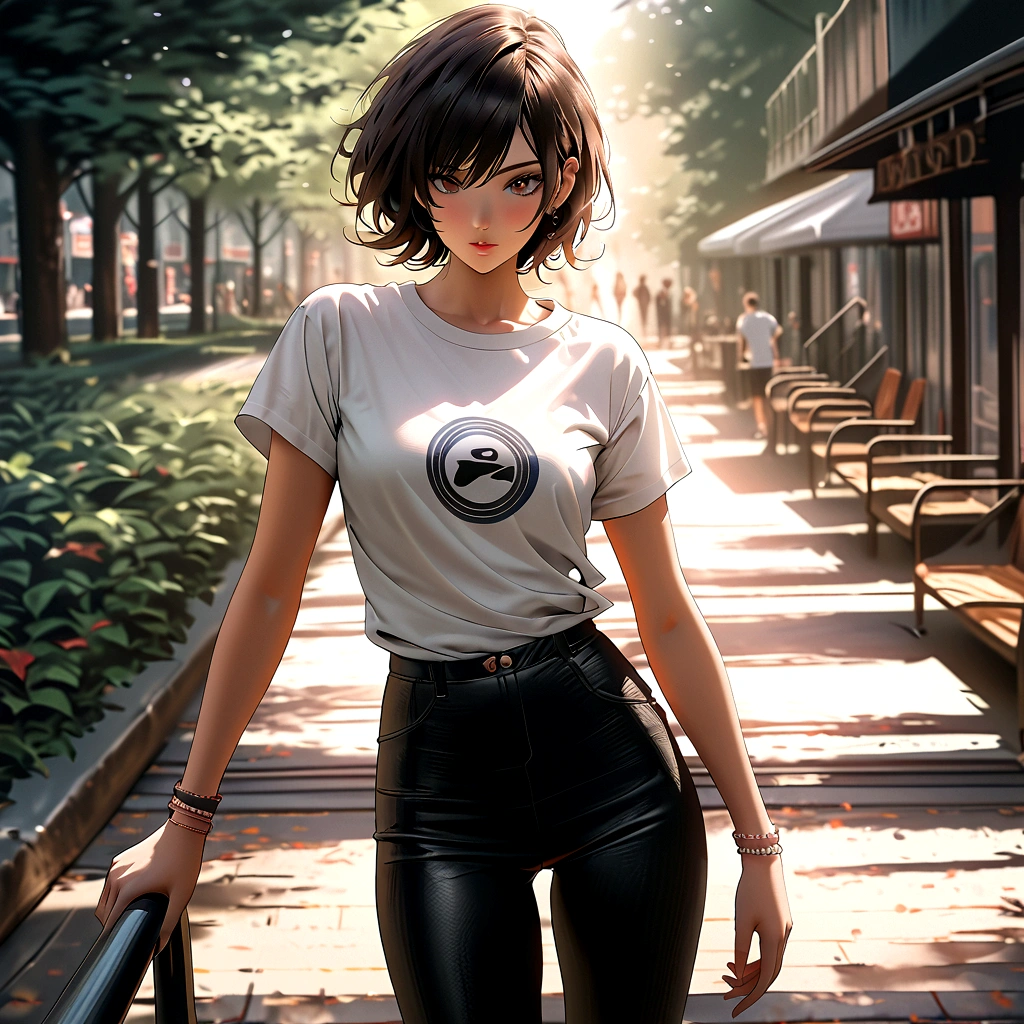 (best quality:1.2, 8k, masterpiece, highly detailed, highest quality), photorealistic, 2D illustration, woman, park, white oversized tee, vintage logo, high-waisted black leggings, nude stockings, sporty texture, sleek white sneakers, pink accents, lush greenery, paved walkway, sunlight, tranquility, comfortable yet stylish outfit, of movement, detailed eyes, beautiful detailed lips, extremely detailed eyes and face, long eyelashes.