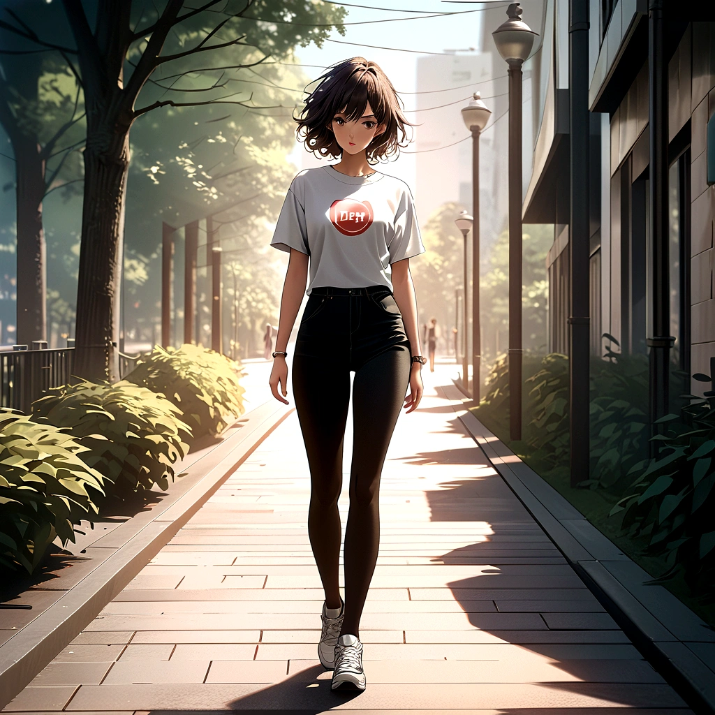 (best quality:1.2, 8k, masterpiece, highly detailed, highest quality), photorealistic, 2D illustration, woman, park, white oversized tee, vintage logo, high-waisted black leggings, nude stockings, sporty texture, sleek white sneakers, pink accents, lush greenery, paved walkway, sunlight, tranquility, comfortable yet stylish outfit, of movement, detailed eyes, beautiful detailed lips, extremely detailed eyes and face, long eyelashes.
