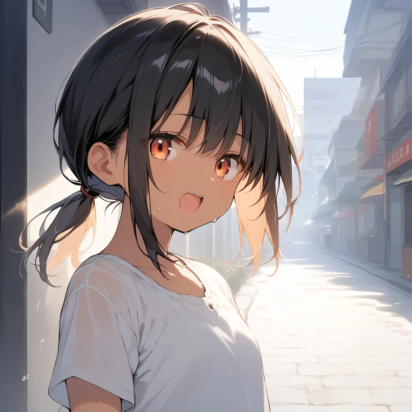 score_9, score_8_up, score_7_up, source_anime, best quality, masterpiece, official art, absurdres, highres, ultra-detailed,waifu2x,Collection: Slice of Life,break,1girl, tomboy, dark-skinned female, short hair, low ponytail, flat chest, beautiful detailed eyes, short shorts, sweat, open mouth, (yawn:0.3), sleepily, outdoors, wind, break,(clear line illustration:1.2),very high resolution, very aesthetic, super detailed skin, Best sexual lighting powered by famous artist, 8k,cute picture,beauty illustration,photoshop_(medium),,(Detailed Lighting),best anime 8k konachan wallpaper, pixiv contest winner, 