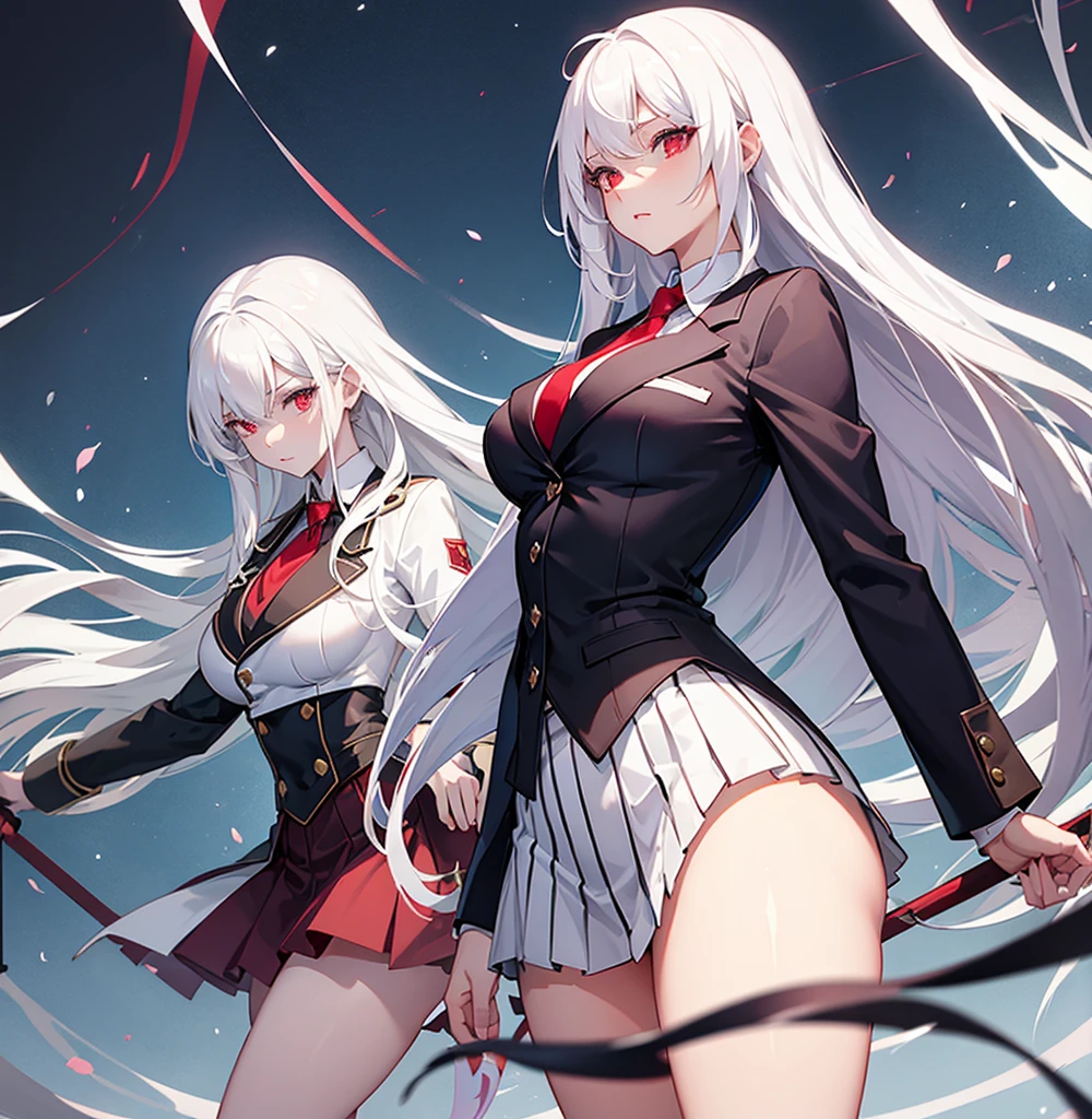 Beautiful girl, white hair,red eyes, smooth skin, , thick thighs, large chest, school blazer,short skirt,high quality 