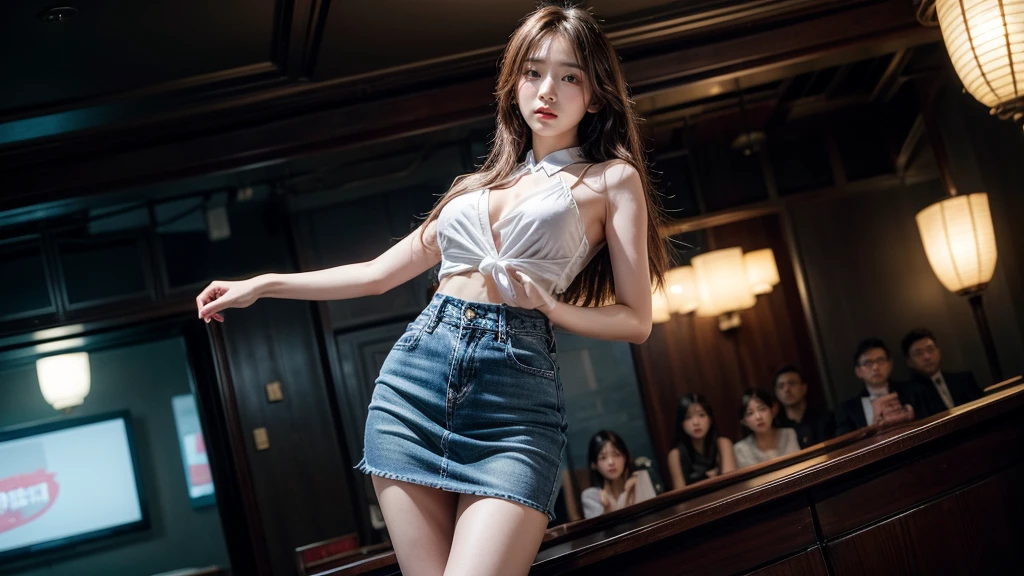 ((Best Quality, 8K, Masterpiece: 1.3)), Focus: 1.2, Wearing Emerald red Cheongsam,8k ultra high definition,masterpiece level work,RAW format photos,best picture quality,Extreme details(1.2):Realistic reproduction,Extremely detailed CG unified in 8K resolution,8K diamond-level delicacy and wallpaper-like visual impact,Have deep depth of field、Level light and shadow effect、Lens flash、Ray tracing technology(stunning beautiful face、beautiful lips、beautiful eyes),Extremely exquisite facial details(Extremely fine skin texture)——Depicts a Korean 18 years old female model,In the dark night,In deep shadow,Charming Korean girl,Like a K-pop idol(Extremely slim and tight figure:1.3),Show from the audience’s perspective,low waist denim miniskirt:1.5,Short clothing tailoring design,Night view of the city,neon signs,Beautiful Korean girl in dark night atmosphere,wearing peal stud earrings、lace pantyhose,Clear and bright blue eyes,Walking posture,Have fair skin,Look directly at the camera head-on,Big eyes are full of charm(Upper body close-up),close-up,The overall image is extremely slim、Slender and elegant,Exquisite facial features,She looks a lot like actor Kim Hee Sun, withe shirt, blue skirt, amazing very big breasts