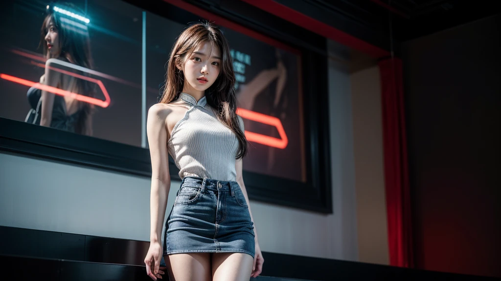 ((Best Quality, 8K, Masterpiece: 1.3)), Focus: 1.2, Wearing Emerald red Cheongsam,8k ultra high definition，masterpiece level work，RAW format photos，best picture quality，Extreme details（1.2）：Realistic reproduction，Extremely detailed CG unified in 8K resolution，8K diamond-level delicacy and wallpaper-like visual impact，Have deep depth of field、Level light and shadow effect、Lens flash、Ray tracing technology（stunning beautiful face、beautiful lips、beautiful eyes），Extremely exquisite facial details（Extremely fine skin texture）——Depicts a Korean 18 years old female model，In the dark night，In deep shadow，Charming Korean girl，Like a K-pop idol（Extremely slim and tight figure：1.3），Show from the audience’s perspective，low waist denim miniskirt:1.5，Short clothing tailoring design，Night view of the city，neon signs，Beautiful Korean girl in dark night atmosphere，wearing peal stud earrings、lace pantyhose，Clear and bright blue eyes，Walking posture，Have fair skin，Look directly at the camera head-on，Big eyes are full of charm（Upper body close-up），close-up，The overall image is extremely slim、Slender and elegant，Exquisite facial features，She looks a lot like actor Kim Hee Sun, withe shirt, blue skirt, amazing very big breasts