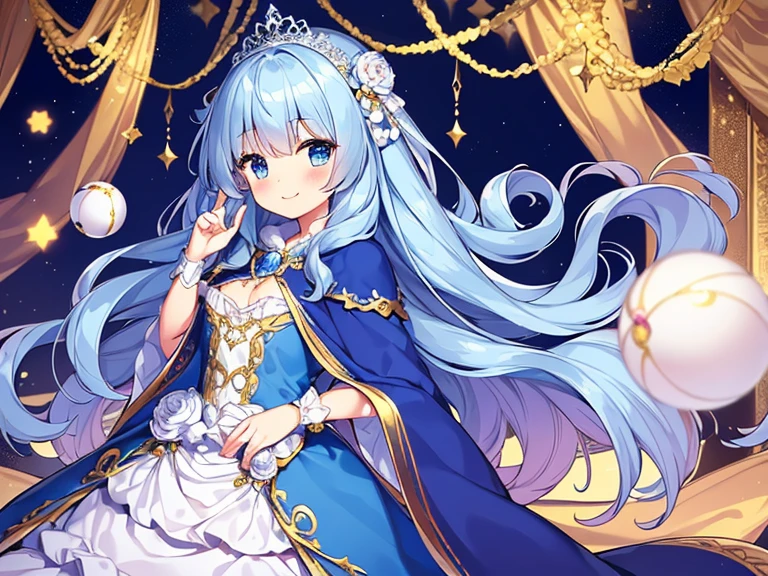 looking at viewer,(kawaii),(best quality),(ultra detailed), upper body,(rococo style),(long train blue cape:1.15), very long cape,(long train white ball gown with flower decorations:1.1), a girl is wearing a cape over her gown, 1 little princess, tiara, smile, very long hair, small breasts