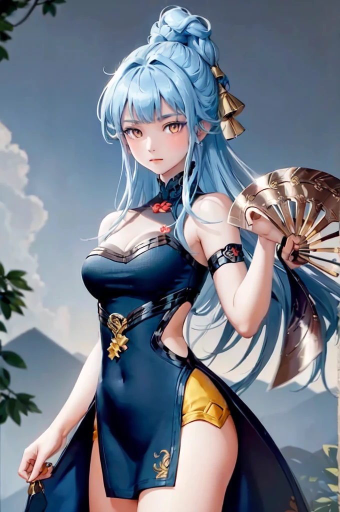 ((big breasts)), 1girl, solo, long hair, looking at viewer, hair ornament, dress, holding, bare shoulders, closed mouth, blue hair, yellow eyes, braid, artist name, covered navel, blue dress, chinese clothes, china dress, hand fan, folding fan, light blue hair, holding fan, Jordyn Huitema, (masterpiece,best quality:1.5), (masterpiece,best quality:1.5), Hold the fan with the right hand, the left hand does not hold the fan, Chinese imperial palace, feudal China, wooden castle, lake, (lantern), sparkling, (masterpiece,best quality:1.5), (masterpiece,best quality:1.5),  butt up in the air