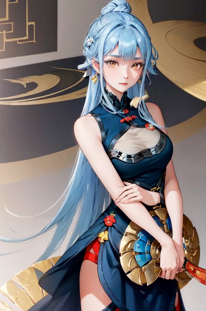 1girl, solo, long hair, looking at viewer, hair ornament, (big breasts and exposed breasts), dress, bare shoulders, closed mouth, blue hair, yellow eyes, braid, artist name, a slim navel, blue dress, chinese clothes, china dress, light blue hair,, Jordyn Huitema, (masterpiece,best quality:1.5), (masterpiece,best quality:1.5), Chinese imperial palace, feudal China, stand upright and relax both arms, full body, wooden castle, lake, (lantern), sparkling, (masterpiece,best quality:1.5), (masterpiece,best quality:1.5)