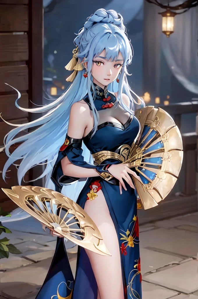 ((big breasts)), 1girl, solo, long hair, looking at viewer, hair ornament, dress, holding, bare shoulders, closed mouth, blue hair, yellow eyes, braid, artist name, covered navel, blue dress, chinese clothes, china dress, hand fan, folding fan, light blue hair, holding fan, Jordyn Huitema, (masterpiece,best quality:1.5), (masterpiece,best quality:1.5), Hold the fan with the right hand, the left hand does not hold the fan, Chinese imperial palace, feudal China, wooden castle, lake, (lantern), sparkling, (masterpiece,best quality:1.5), (masterpiece,best quality:1.5),  butt up in the air