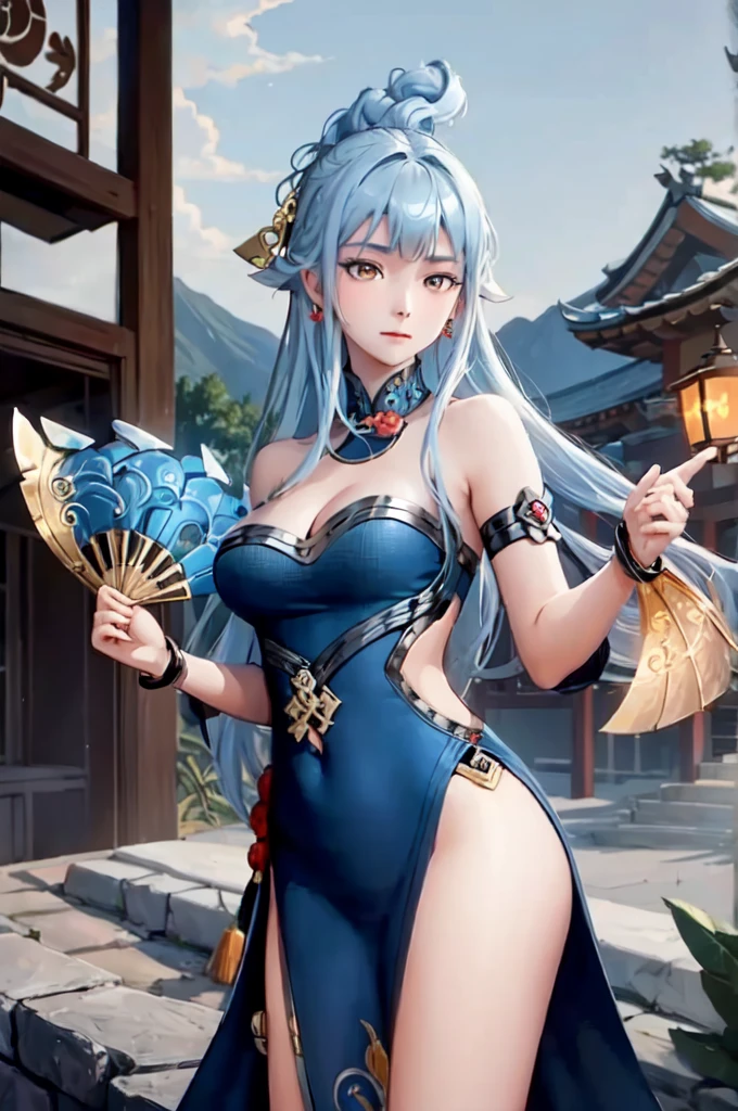 ((big breasts)), 1girl, solo, long hair, looking at viewer, hair ornament, dress, holding, bare shoulders, closed mouth, blue hair, yellow eyes, braid, artist name, covered navel, blue dress, chinese clothes, china dress, hand fan, folding fan, light blue hair, holding fan, Jordyn Huitema, (masterpiece,best quality:1.5), (masterpiece,best quality:1.5), Hold the fan with the right hand, the left hand does not hold the fan, Chinese imperial palace, feudal China, wooden castle, lake, (lantern), sparkling, (masterpiece,best quality:1.5), (masterpiece,best quality:1.5),  butt up in the air