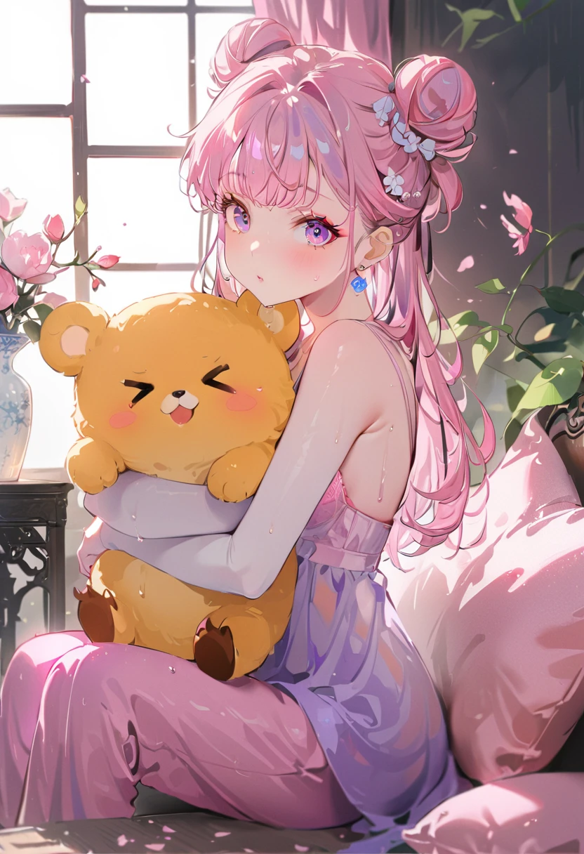 ((Two beautiful girls with perfect faces)),((Two girlaid:1.5),(最高quality,Super detailed,High resolution:1.2),((One is a picture of a girl with purple hair.))、Glass mandarin orange earrings decorate both ears、((One of them is a short-haired redhead wearing a crab hat.))、One of them has ocean pink red eyes、((一人は蜜柑の帽子を被った紫髪のlong hairのお団子少女))、One of them has ocean pink purple eyes、very_Long eyelashes, Detailed lips, A radiant smile, Holding hands、Soft Skin, Shiny Hair,Vibrant Background, Natural light,The cutest girl in the world,Exquisite makeup,Pouting、((Hugging on a cushion))、Sit down, long hair、Bun hairstyle Beautiful, translucent white skin、Wet purple dress、Pink underwear is visible、Pink bra is visible through、Pink pants show through、quality\(8K,非常に精細なCGユニットのwallpaper, masterpiece,High resolution,top-quality,top-quality real texture skin,Super two-dimensional,Increase the resolution,RAW Photos,最高quality,Very detailed,wallpaper,Ray-tracing,Golden Ratio\),[Browsing Caution]