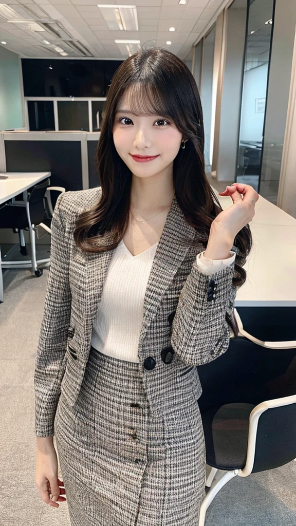Generate an image of an office lady. She is dressed in professional business attire, including a blouse, blazer, skirt or slacks, and high heels. She has a confident and approachable demeanor, with a friendly smile. The background should depict a modern office environment with desks, computers, and office supplies