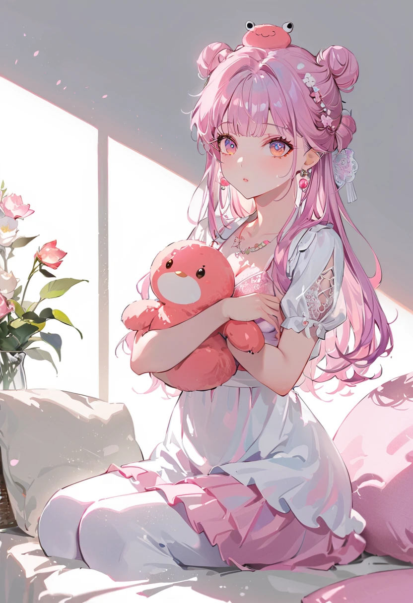 ((Two beautiful girls with perfect faces)),((Two girls))、(Maid:1.5),(最高quality,Super detailed,High resolution:1.2),((One is a picture of a girl with purple hair.))、Glass mandarin orange earrings decorate both ears、((One of them is a short-haired redhead wearing a crab hat.))、One of them has ocean pink red eyes、((一人は蜜柑の帽子を被った紫髪のlong hairのお団子少女))、One of them has ocean pink purple eyes、very_Long eyelashes, Detailed lips, A radiant smile, Holding hands、Soft Skin, Shiny Hair,Vibrant Background, Natural light,The cutest girl in the world,Exquisite makeup,Pouting、((Hugging on a cushion))、Sit down, long hair、Bun hairstyle Beautiful, translucent white skin、Wet purple dress、Pink underwear is visible、Pink bra is visible through、Pink pants show through、quality\(8K,非常に精細なCGユニットのwallpaper, masterpiece,High resolution,top-quality,top-quality real texture skin,Super two-dimensional,Increase the resolution,RAW Photos,最高quality,Very detailed,wallpaper,Ray-tracing,Golden Ratio\),[Browsing Caution]