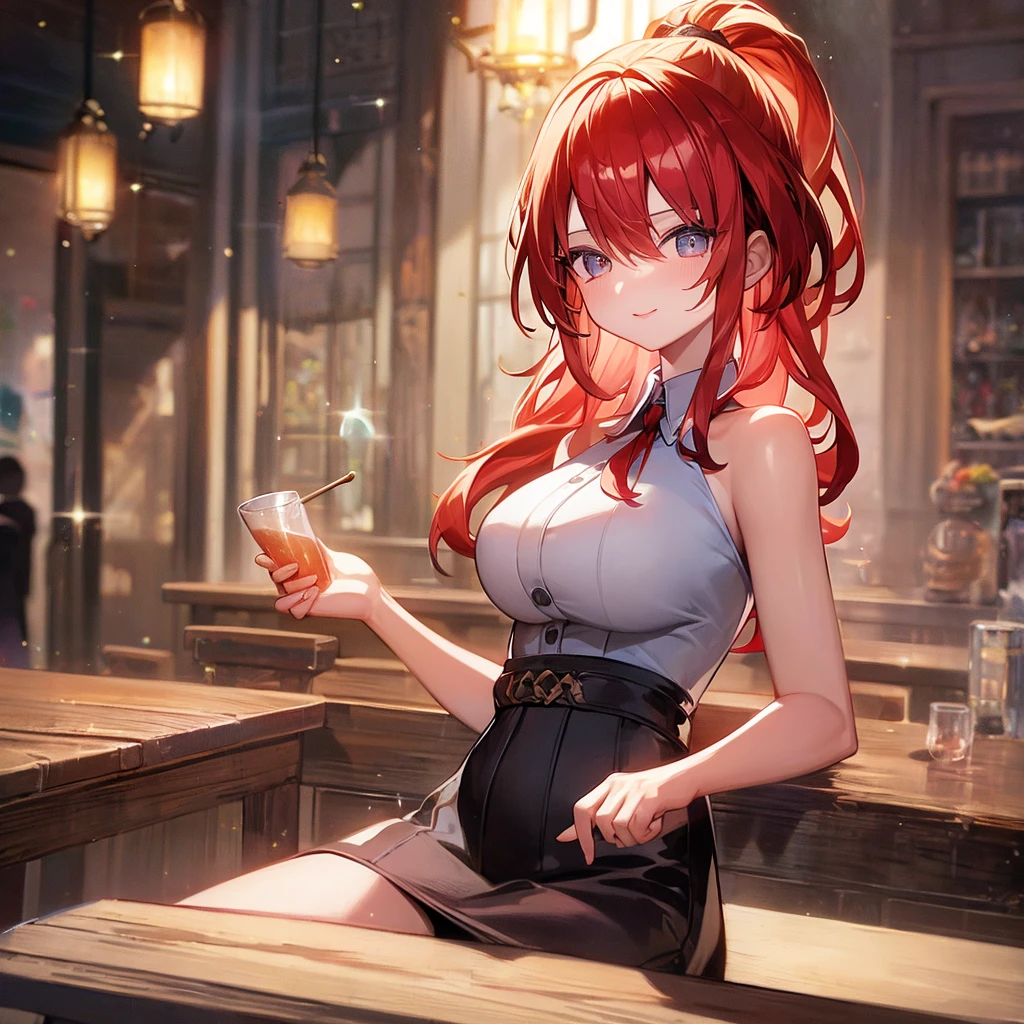 Anime style painting, An illustration, liquor, Woman sitting at a bar drinking a cocktail, 背景の棚には多彩な色のliquor瓶が並んでいる, Quiet bar, Calm expression, Perfect hands, elder, Red Hair, The dignity of a 50-year-old, ほろ酔いのwoman, solo、(Highly detailed background:1.0)、(Highly detailed background:1.0)、masterpiece、Highest quality、(Babes)、Fractal Art、Red eyes、Narrow eyes、Black and red dress, Reddish lips、From the shoulders up、smile、One Woman、Red long ponytail, Curly Hair, Red eyes,Golden accessories, solo, Big Breasts, woman, Take-out, Provocative laughter,40 year old woman,Queen of Sadism, Highly detailed background, Perfect Human Medicine, Sweat,