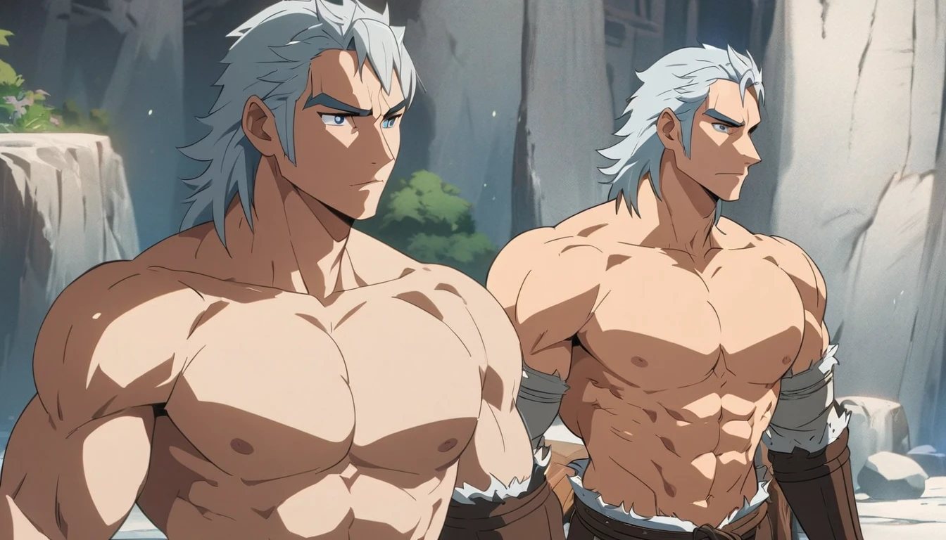 High quality, best quality, high resolution, male, muscular, 2d anime style, topless, like geralt of rivia