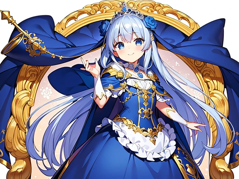 looking at viewer,(kawaii),(best quality),(ultra detailed), upper body,(rococo style),(long train blue cape:1.15), very long cape,(long train white ball gown with flower decorations:1.1), a girl is wearing a cape over her gown, 1 princess, tiara, smile, very long hair, small breasts