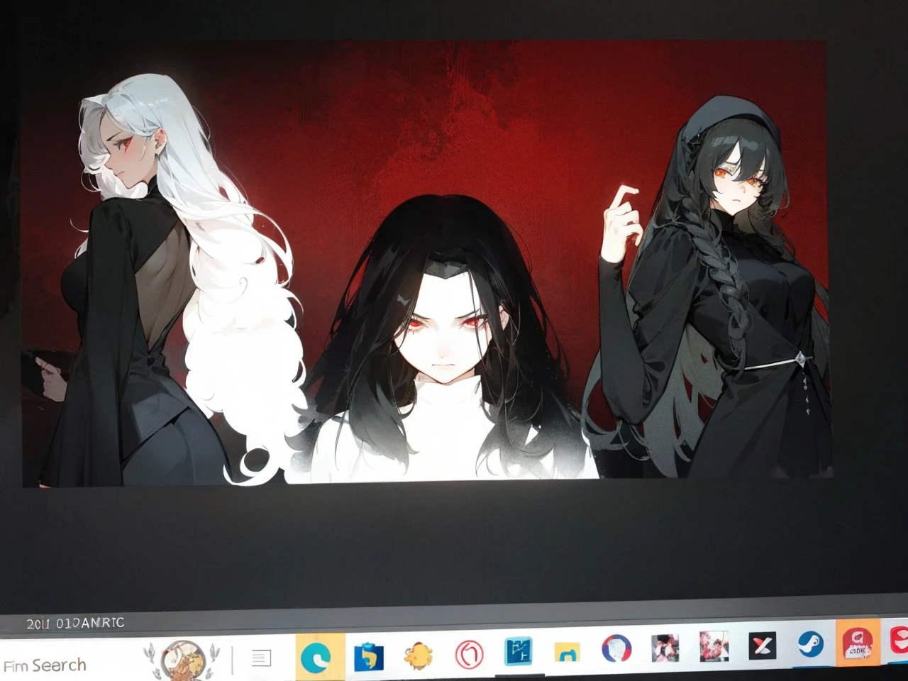Make an anime poster, has 4 women in it, on the left side a classy dressed beauty with only the colors red and white, has an angelic presence but a demonic personality, she wears a hat on her head and a long mature gown. On the middle, a millitary general with black and white hair, and a blindfold covering her eyes. Behind her in the back, a woman faded in the background, only her eyes red Phoenix can be seen. Finally at the very right side a nun with a blindfold and a church nun fantasy black dress, holding her hands together symbolizing a prayer gesture.