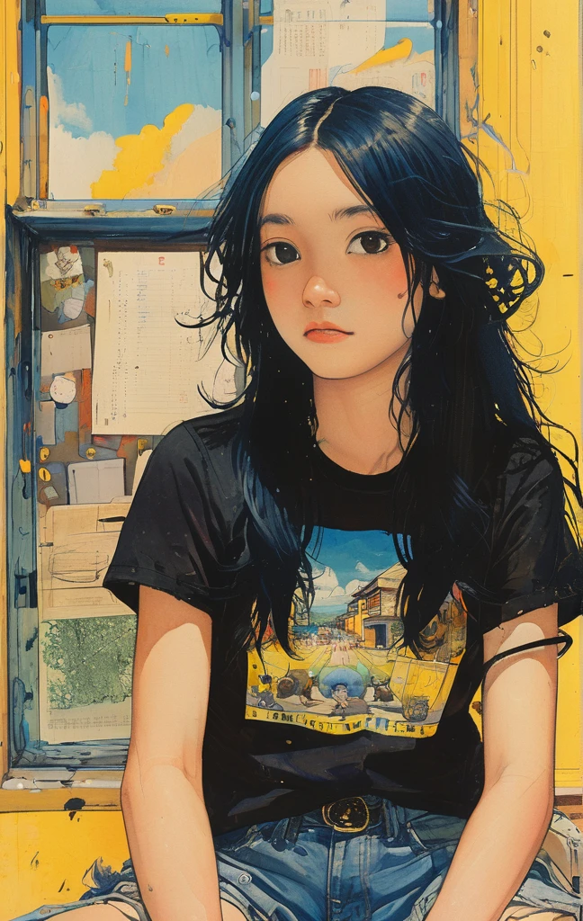 A detailed anime-style illustration of an emo angel girl with long black hair, sitting in a cluttered room. She is wearing a black t-shirt and shorts, with a listless expression. The background features various notes, tools, and a bright yellow wall with a blue sky visible through a window, creating a vibrant and eclectic atmosphere.