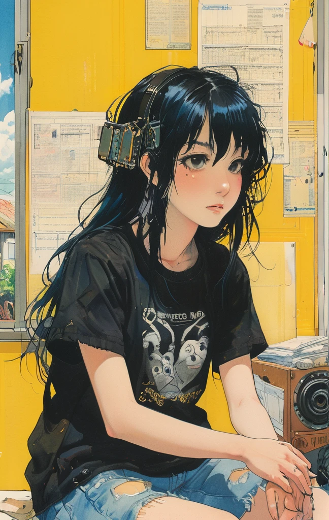 A detailed anime-style illustration of an emo angel girl with long black hair, sitting in a cluttered room. She is wearing a black t-shirt and shorts, with a listless expression. The background features various notes, tools, and a bright yellow wall with a blue sky visible through a window, creating a vibrant and eclectic atmosphere.