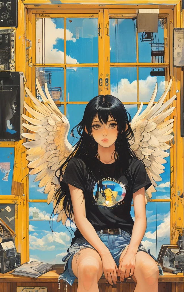 view from above, dutch angle, a beautiful goth angel sitting on a bench, glowing halo, wings, tank top, shorts, simple lines, anime style