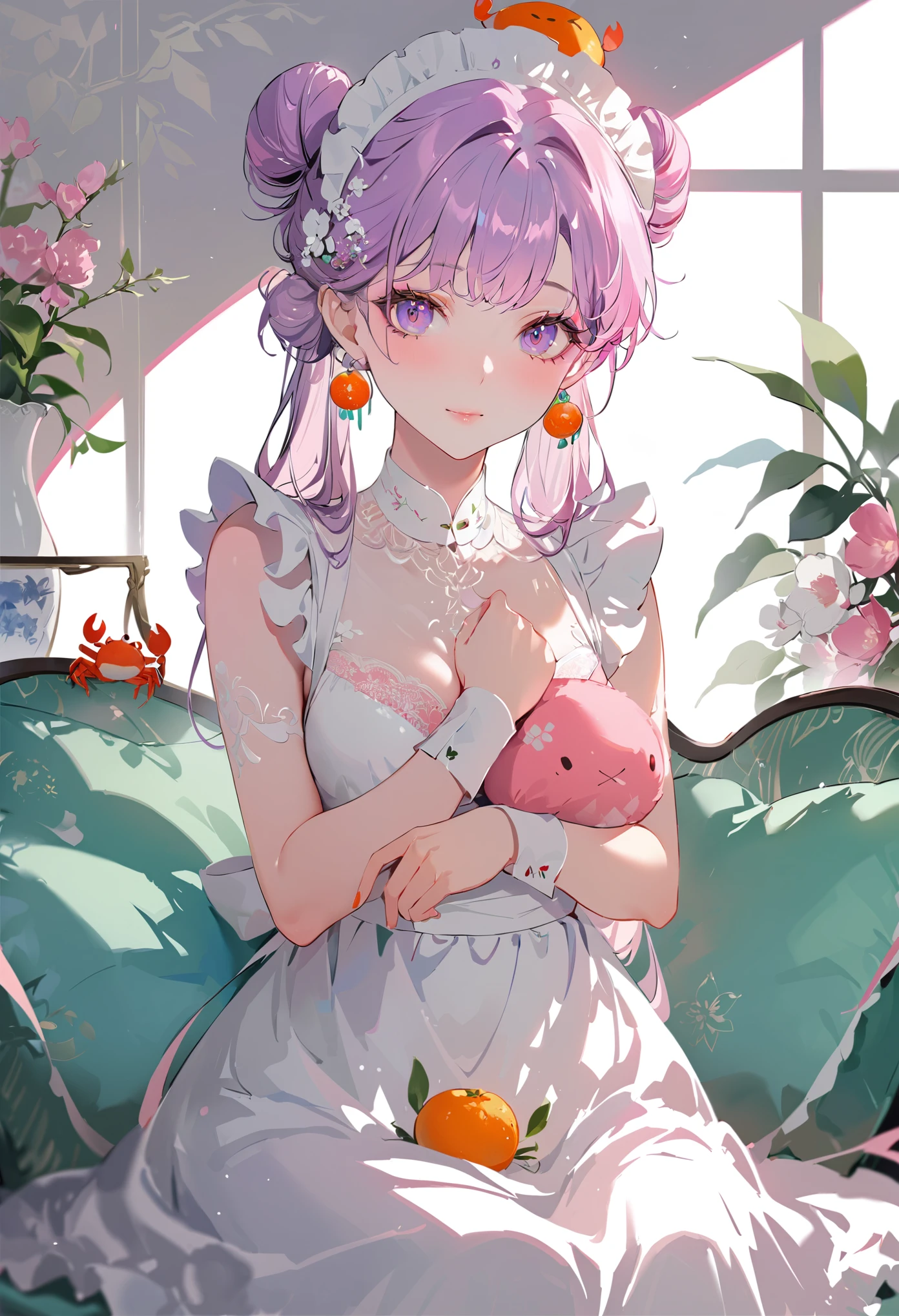 (Maid:1.5),(highest quality,Super detailed,High resolution:1.2),Purple hair girl painting、Glass mandarin orange earrings decorate both ears、One of them has ocean pink purple eyes、One of them has ocean pink red eyes、One has short red hair、Beautiful girl with a perfect face,Two girls、One of them is wearing a crab hat、One of them is wearing a tangerine hat.、very_Long eyelashes, Detailed lips, A radiant smile, Holding hands、Soft Skin, Shiny Hair,Vibrant Background, Natural light,The cutest girl in the world,Exquisite makeup,Pouting、((Hugging on a cushion))、Sit down, long hair、Bun hairstyle Beautiful, translucent white skin、Wet purple dress、Pink underwear is visible、Pink bra is visible through、Pink pants show through、quality\(8K,Highly detailed CG unit wallpaper, masterpiece,High resolution,top-quality,top-quality real texture skin,Super two-dimensional,Increase the resolution,RAW Photos,highest quality,Very detailed,wallpaper,Ray-tracing,Golden Ratio\),[Browsing Caution]