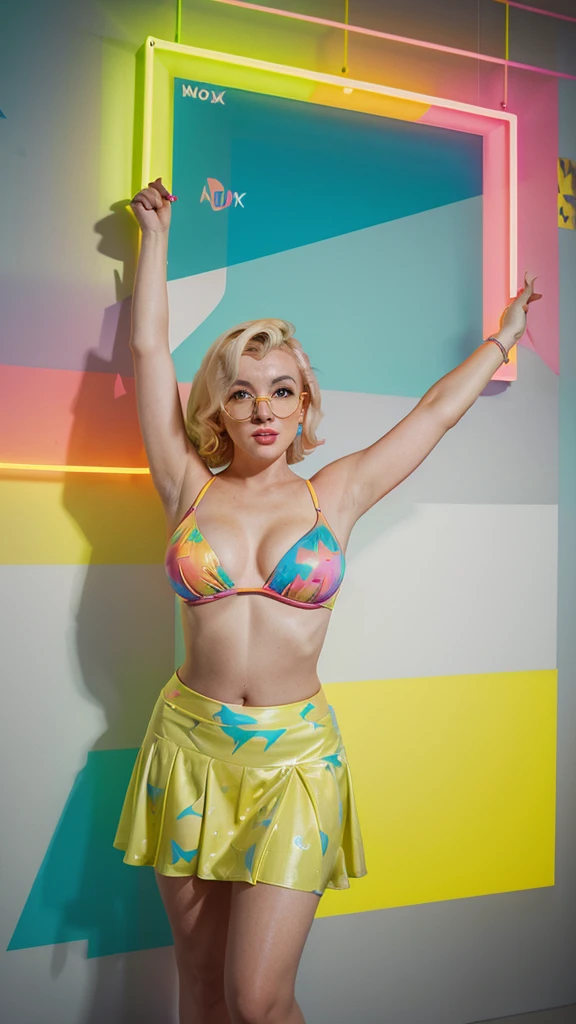 Marilyn Monroe in neon colours, style in bright phosphor colors art, printable wall art, funny people prints, funny people, neon glasses, professional photography, detailed rendering, high detail, high resolution, 8k, pixel hyperrealism, 300 dpi, high detail, realism, wear thiul skirt, no bra