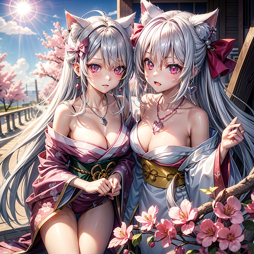 Silver hair, pink eyes, body, cat ears, sexy girl, earrings, cloud and sun background, hair bows, mitsuri, kimono, bells necklace, pink red, hearts