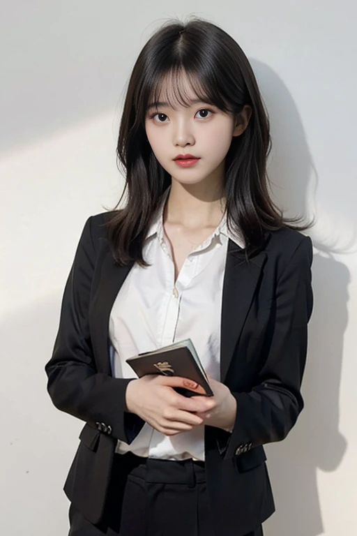 A young korean beautiful girl, 24-year-old, strikingly beautiful, black hair, delicate facial features, porcelain skin, expressive eyes, Masterpiece, premium quality, A young and pretty female teacher, holding a book and gently looking at the camera, wearing a women's shirt and black suit pants, soft fringe, (interplay of sunlight and shadows:1.3), (Pure white background:1.2) ,