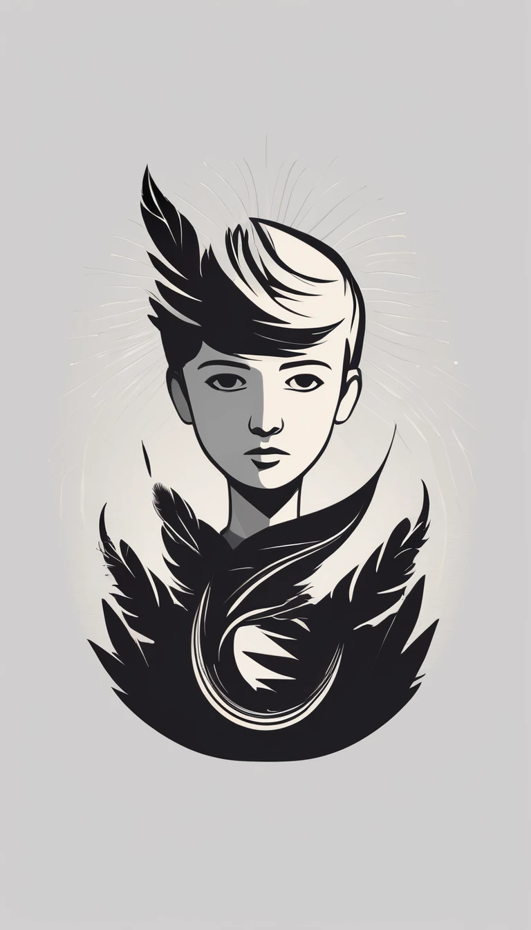 
A minimal, modern, simple, cinematic logo design e of a boy with a head full of feathers for the brand “Penamemoria".