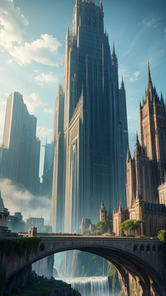 Huge castles and skyscrapers floating in the air Cyberpunk fantasy world Top quality ultra high definition utopia 8K Giant waterfalls nature,future