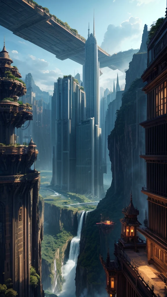 Huge castles and skyscrapers floating in the air Cyberpunk fantasy world Top quality ultra high definition utopia 8K Giant waterfalls nature,future