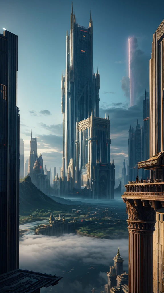 Huge castles and skyscrapers floating in the air Cyberpunk fantasy world Top quality ultra high definition utopia 8K Giant waterfalls nature,future
