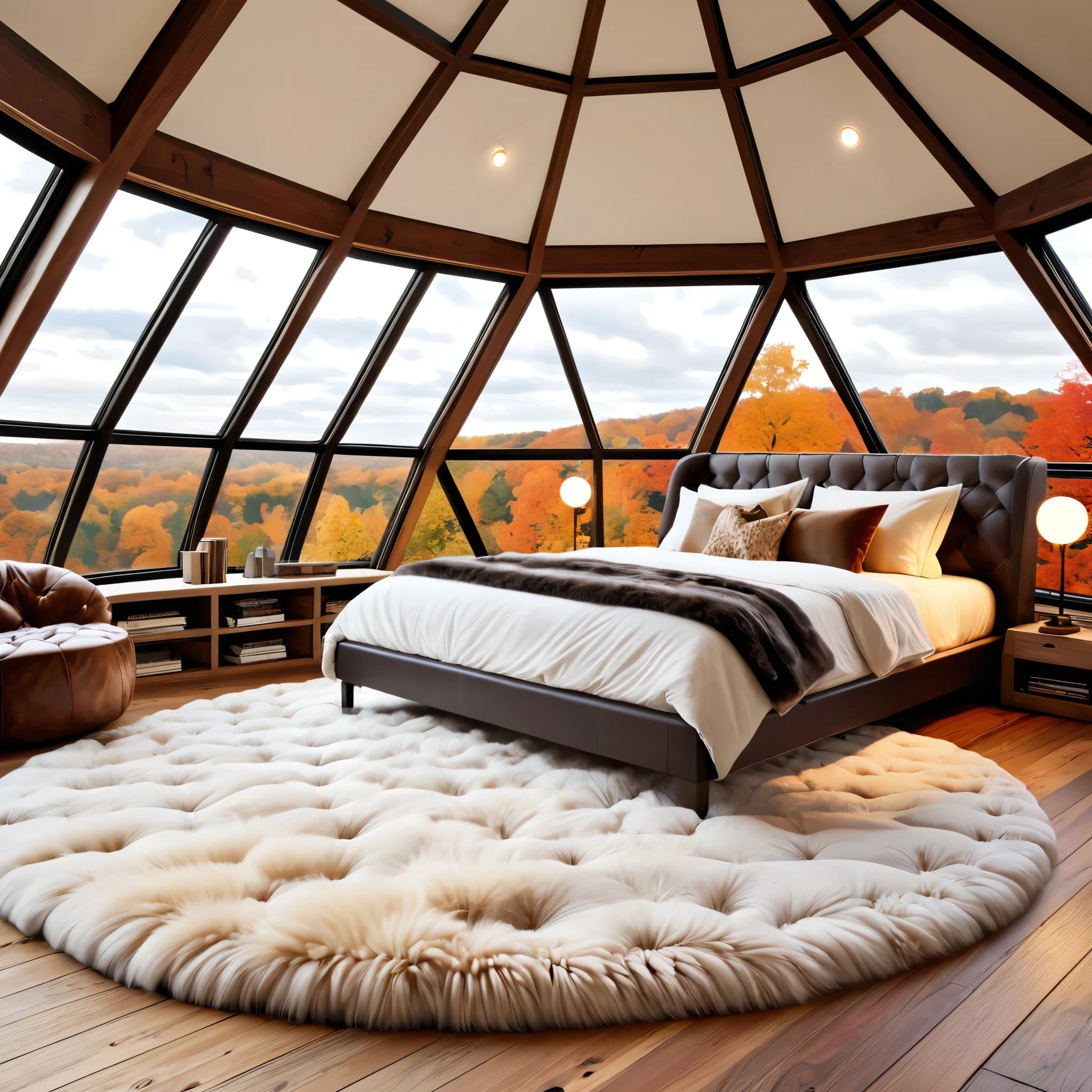 Create an elegant and inviting bedroom set inside a geodesic dome with expansive windows that showcase beautiful autumn scenery. The space should include a plush bed with luxurious bedding, bedside tables with warm lighting, and a tufted ottoman. Add a comfortable armchair with a soft fur throw to create a cozy reading nook. The floor should be wooden with a soft, fluffy rug to add warmth. Decorate with a small bookshelf and a few tasteful accessories to complete the serene and stylish design