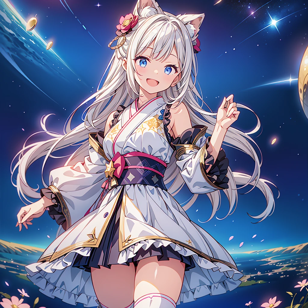 独奏,li,masterpiece, high resolution, best quality, Very detailed,wallpaper,Space starry sky background,Cute and cute,Silver long hair,Height one meter five,V-shaped jumpsuit,Full body picture,No shoes,Very small feet,Feet made of white jade,Detail of reproductive organs,Directly facing the top view,Exposure