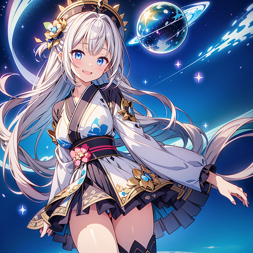1GIRL,Star Fairy、(masterpiece, Highest quality、The best dynamic composition), One girl, 「Beautifully printed galaxy patterned kimono and gothic ta outfits.、Space Pattern Ruffle Box Pleated tand in front of the audience、Knee-high boots、Captivating eyes、Perfect and amazing face、Exquisite detail、Clear images、Highest quality。」Milky white and blue gradient short hair、smile、Laughing happily、Super huge、detailed、
