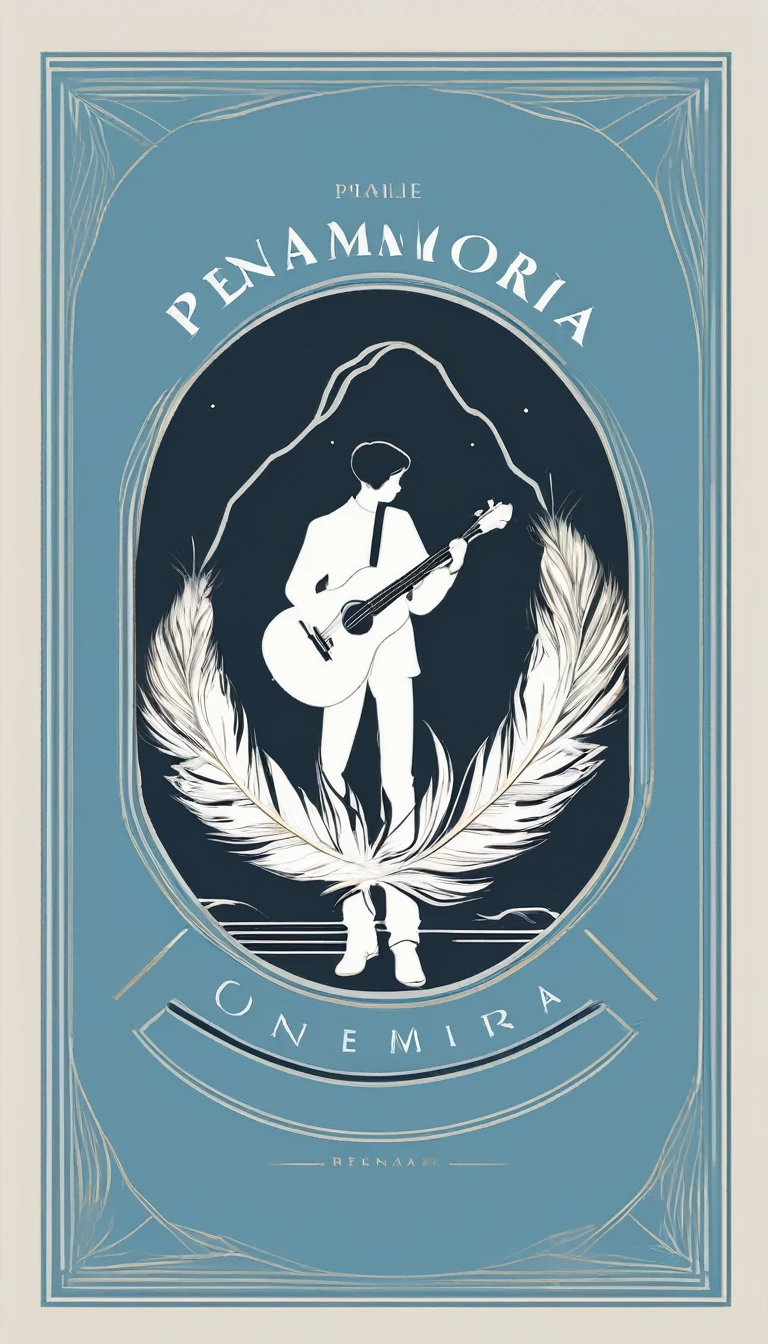 A minimal, modern, simple, cinematic logo design for the brand “Penamemoria". The logo design must be a simple, silhouette of a boy, standing up, playing acoustic guitar and fantasy feather by his side. The logo must convey a sense of music, stories, memories and dreams. Logo design impressed on a book cover. Minimalistic logo. Light blue, white and soft golden as colors for the logo design
