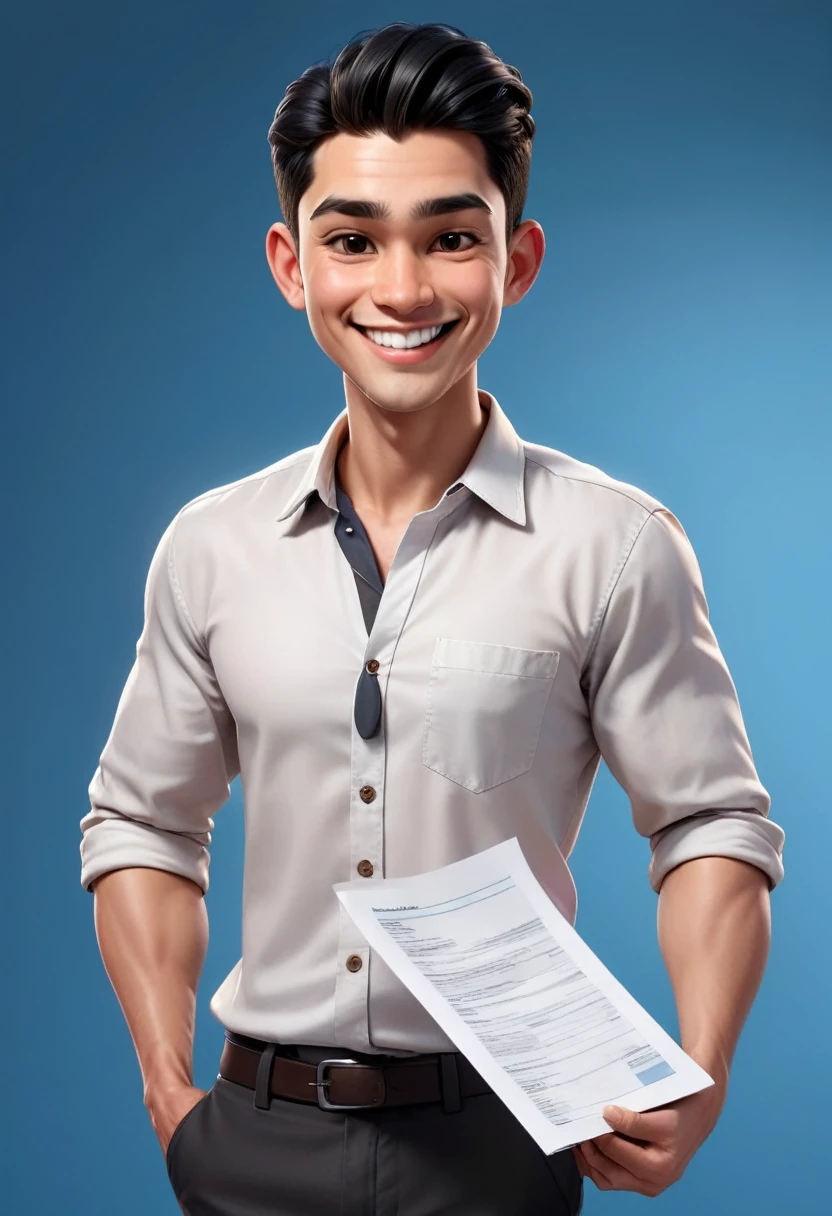 Create a 3D animation of a big-headed cartoon caricature. a 17 year old Indonesian woman beatiful. She has charming long straight black hair. His face is oval with smooth lines, thick and neat black eyebrows, normal eyes, a big nose, and thin lips with a wide, friendly smile. He wore a white shirt and carried a document in his hand. Gradient blue background with professional lighting. masterpiece, top quality, highly detailed skin and face, ultra-realistic, high definition, studio lighting, sharp focus, full body visible, Concept Art, 3D rendering.