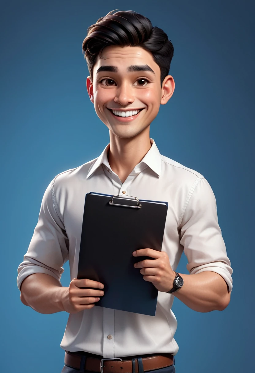 Create a 3D animation of a big-headed cartoon caricature. a 17 year old Indonesian woman beatiful. She has charming long straight black hair. His face is oval with smooth lines, thick and neat black eyebrows, normal eyes, a big nose, and thin lips with a wide, friendly smile. He wore a white shirt and carried a document in his hand. Gradient blue background with professional lighting. masterpiece, top quality, highly detailed skin and face, ultra-realistic, high definition, studio lighting, sharp focus, full body visible, Concept Art, 3D rendering.