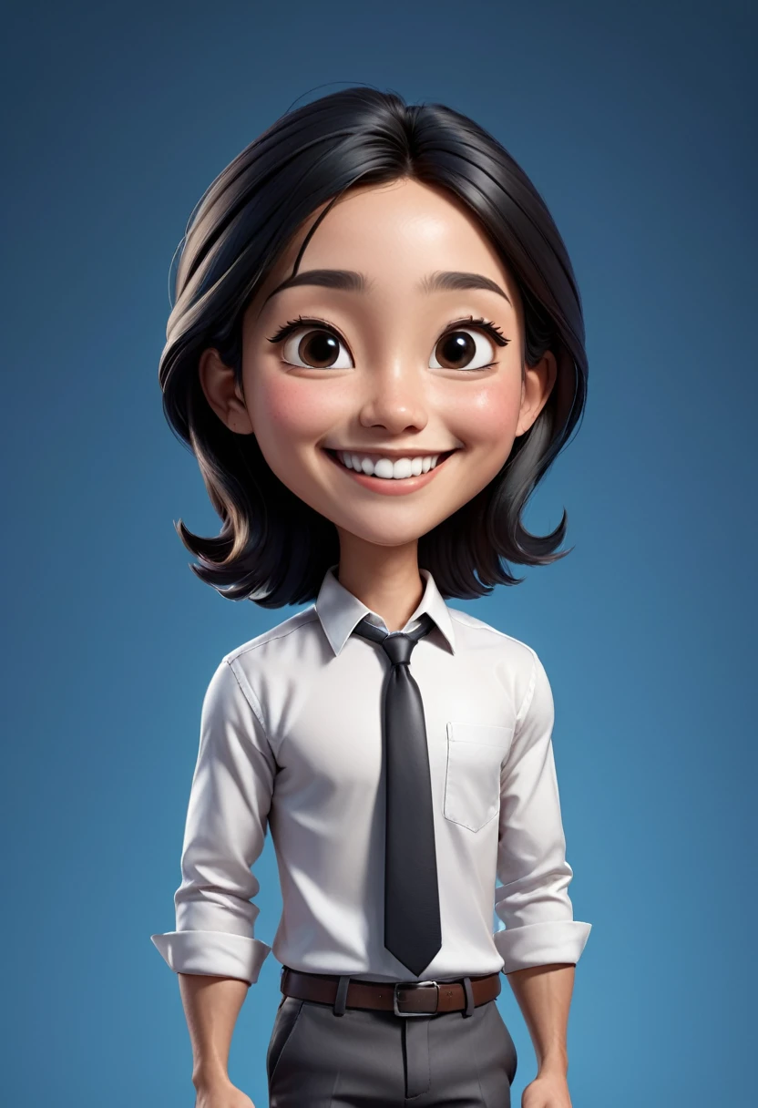 Create a 3D animation of a big-headed cartoon caricature. a Indonesian woman beatiful. She has charming long straight black hair. His face is oval with smooth lines, thick and neat black eyebrows, normal eyes, a big nose, and thin lips with a wide, friendly smile. He wore a white shirt and carried a document in his hand. Gradient blue background with professional lighting. masterpiece, top quality, highly detailed skin and face, ultra-realistic, high definition, studio lighting, sharp focus, full body visible, Concept Art, 3D rendering.