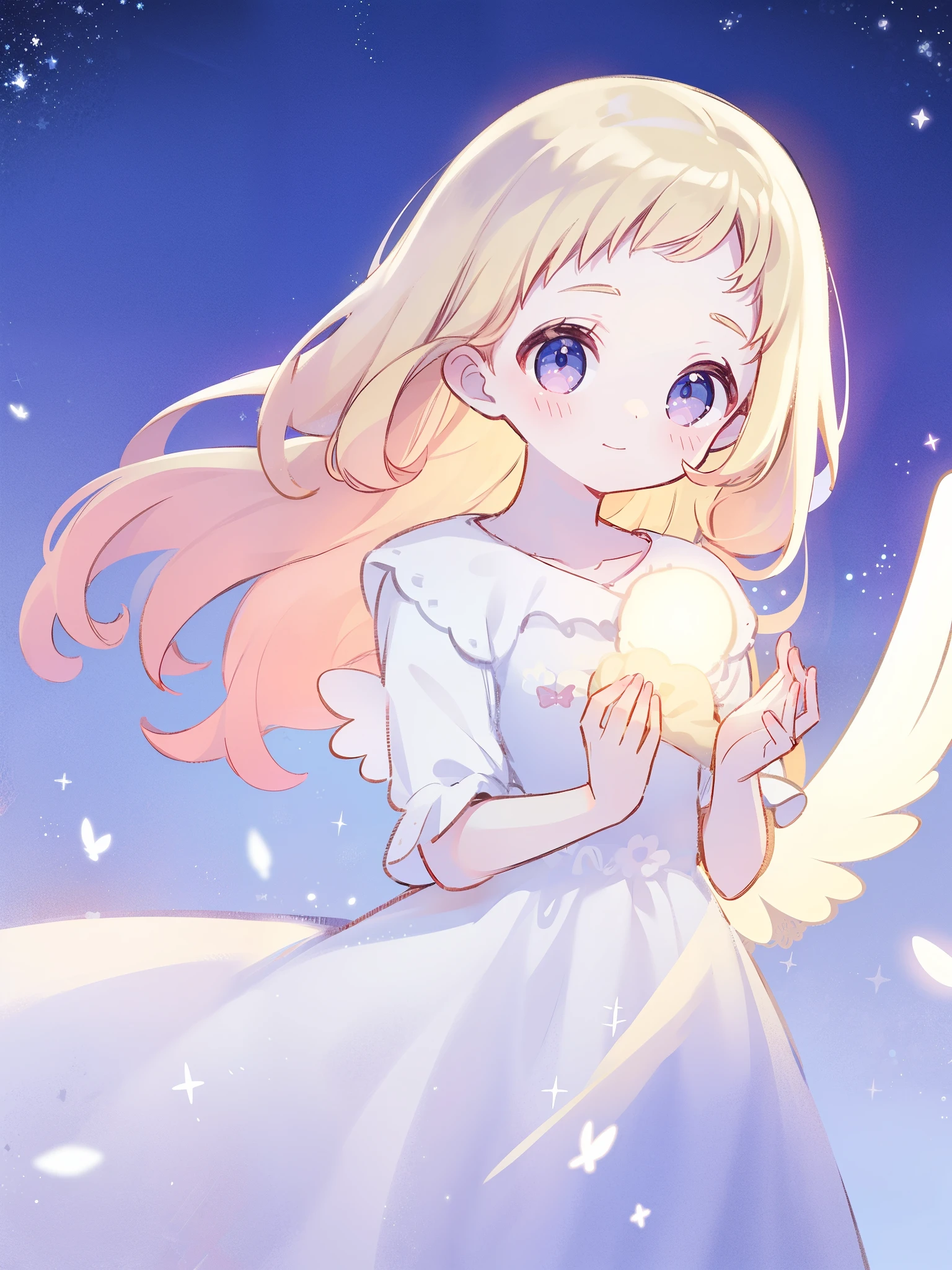 angel girl wearing an ethereal translucent dress, pale skin and light pink hair, white feathers, angel wings, sparkling detailed eyes, golden ratio face, perfect composition, highly detailed, ethereal, (starry night sky background), midjourney style