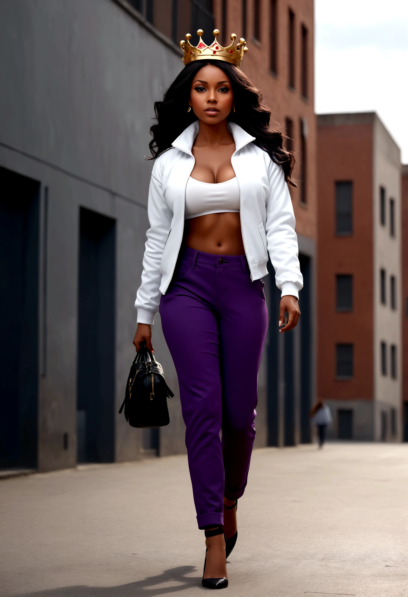 She&#39;s walking in a city, it&#39;s movement (Black-skinned woman Beautiful brunette with a perfect body, beautiful, big, perfect breasts, wide, thin thighs, perfect, everything perfect,) ((Art Style Full Length View, full-featured))characteristics (Purple and black straight hair style, wavy, prisoner, Loose) ( clothing style wearing a white jacket and red pants) ( Full body tattoo style) .8K uhd, high qualiy, volumetric light, photoshot, high resolution, 4K, 8K