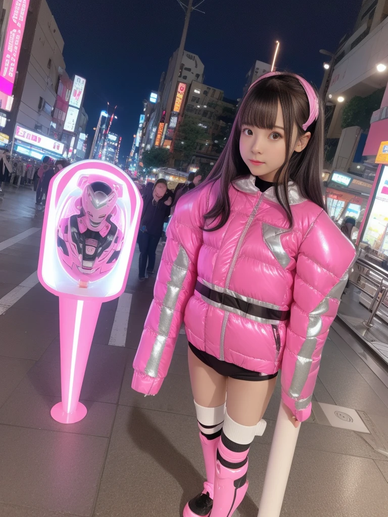 Mecha Girl, pink, Silver, pink, metallic, Robot parts, Detailed face, Highest quality, Small face, whole body, Are standing, Black Hair, Half Twin, thin, looking at the camera, Mecha Exposure, Idol, Live Action,, 7 heads, gravure, Photo session, akihabara, Moe, front
