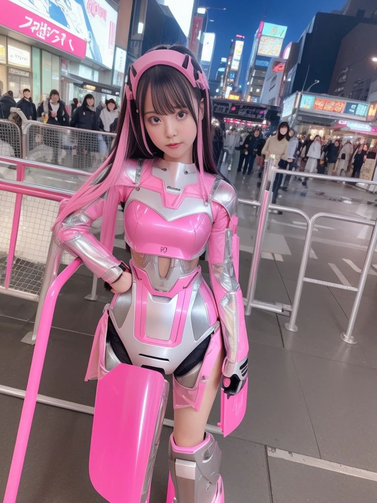 Mecha Girl, pink, Silver, pink, metallic, Robot parts, Detailed face, Highest quality, Small face, whole body, Are standing, Black Hair, Half Twin, thin, looking at the camera, Mecha Exposure, Idol, Live Action,, 7 heads, gravure, Photo session, akihabara, Moe, front