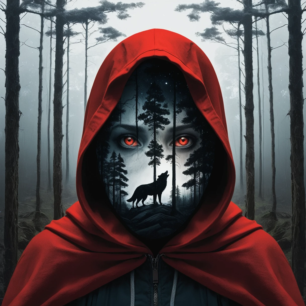 (Double exposure:1.3) effect of Little Red Riding Hood and the Wolf silhouette, superimposed against dark forest sky by Conrad Roset, Brandon Kidwell, Andreas Lie, Dan Mountford, Agnes Cecile, Jeremy Mann, oil and ink canvas, fine art, super dramatic light, photoillustration, amazing depth, hyperdetailed, iridescent red, redundant dreams, intricate detailed, amazing depth, stunning atmosphere, mesmerizing whimsical vibrant scenery, maximalism (Beautiful Outside, Ugly Inside, Stress and Pain, Beauty and Despair, Hard and Soft, Positive and Negative, Hot and Cold, Sweet and Sour, Vibrant and Dull, Perfect Harmony, Light and Dark, Hot and Cold, Old and Young, Fire and Ice, Yin and Yang, Opposites, Black and white, Hot and Cold, Organic and Mechanical, Corresponding colors, Loud and Quiet, Chaos and Peace, Night and Day:1.2) complex masterwork by head of prompt engineering