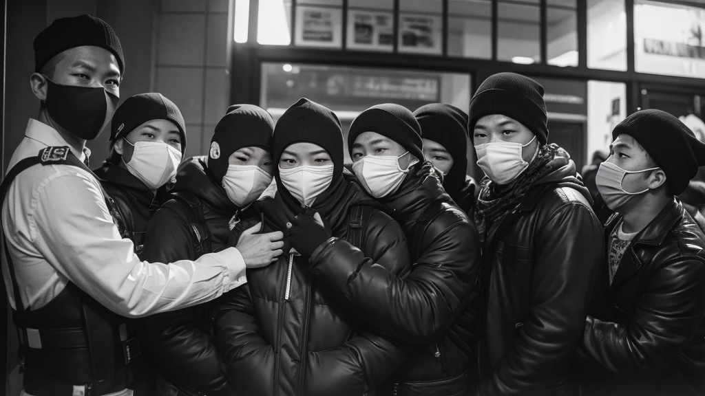 1930s, monochrome photography, A group of thief gang in Southeast Asia, bank robbery, mouth and nose covered with a black bandana, 32K, Best quality, Masterpiece, super detail, High Details,