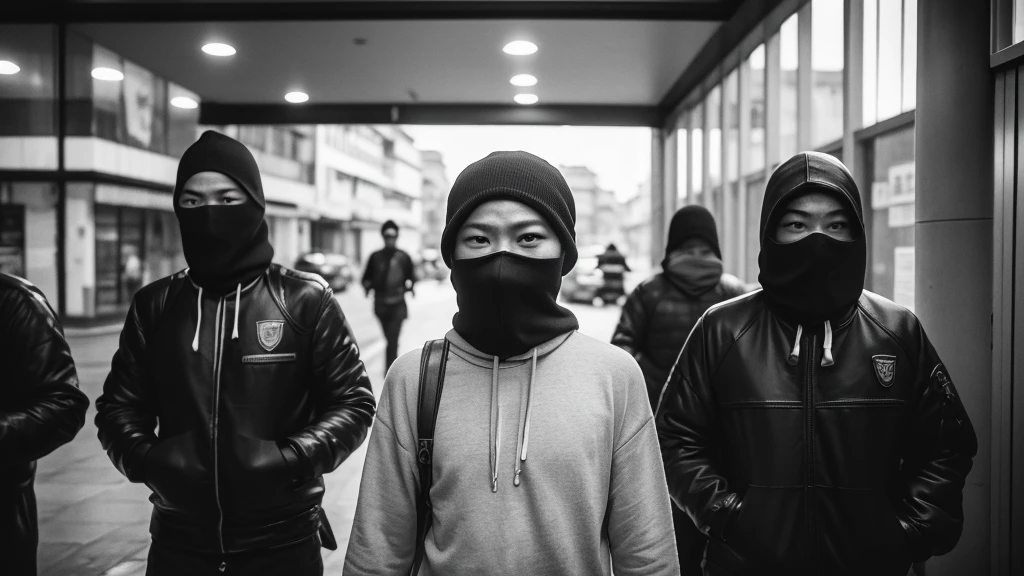 1930s, monochrome photography, A group of thief gang in Southeast Asia, bank robbery, mouth and nose covered with a black bandana, 32K, Best quality, Masterpiece, super detail, High Details,